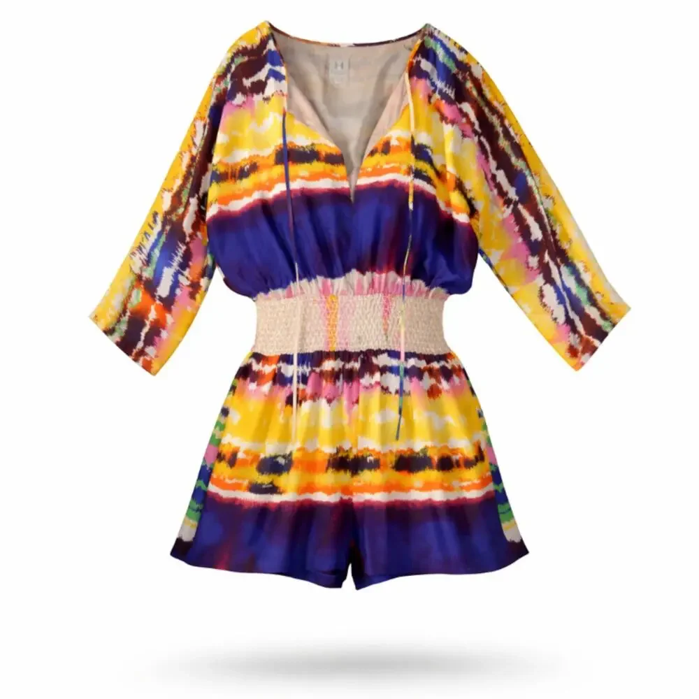 Halston Heritage Resort Vacation Silk Romper 2 Abstract Stripe Smocked Colorful‎